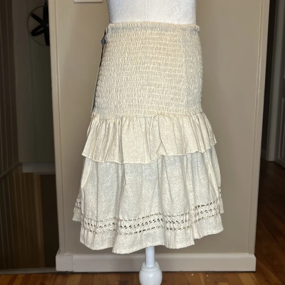 Spell & The Gypsy Collective Lola Ruched Metallic Mini Skirt Biscuit NWT Size XS